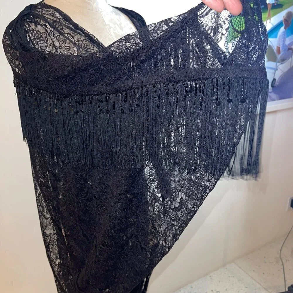 Womens Shawl One Size Black Lace Fringe Beaded Sequin Cocoon Dolman Sleeve